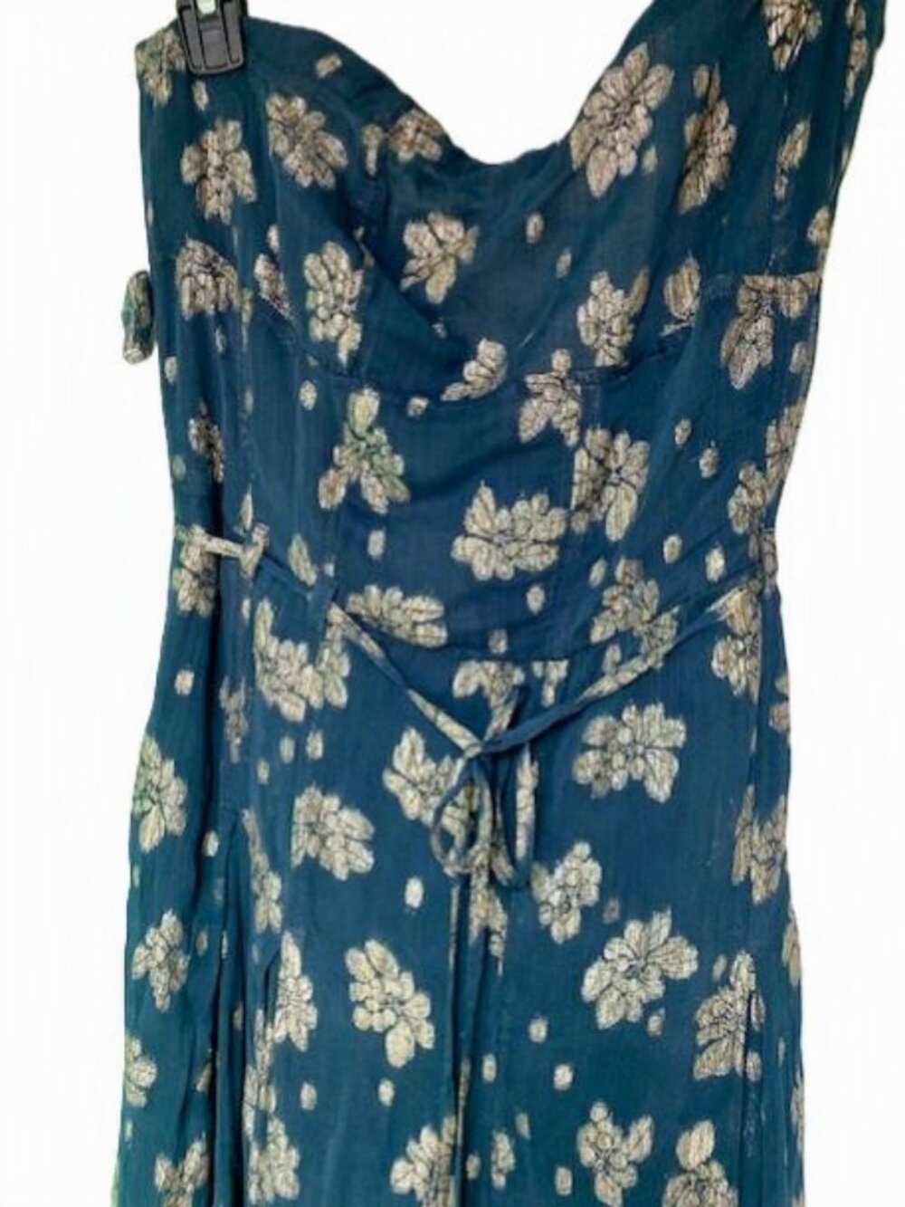 NWT Anthropologie Strapless Shine Wide-Leg Jumpsuit Navy Gold Floral Size 16 - Picture 4 of 12